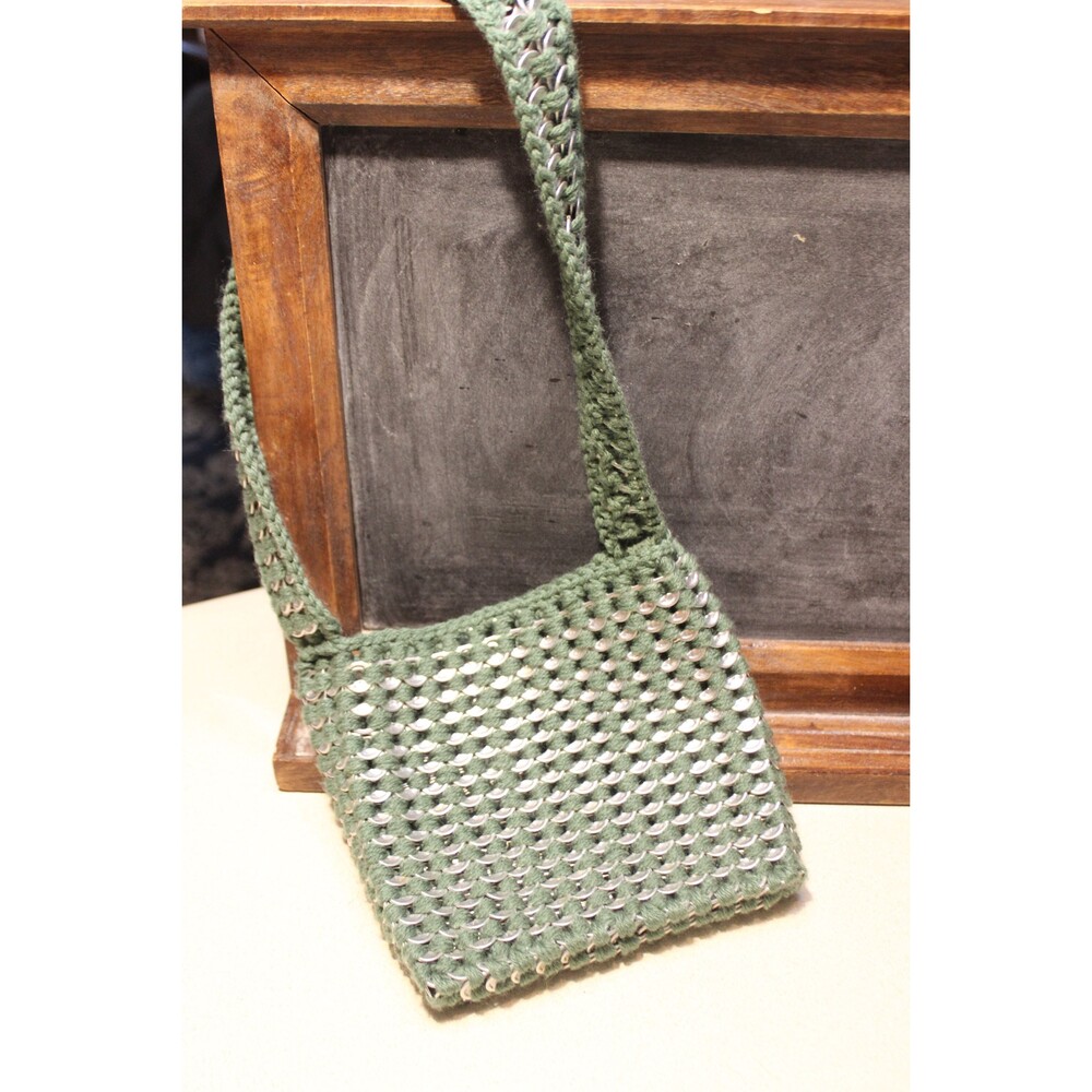 Olive Green Handmade Ladies / Teens Shoulder Bag Pop Tops & Crochet Pattern 7x8"